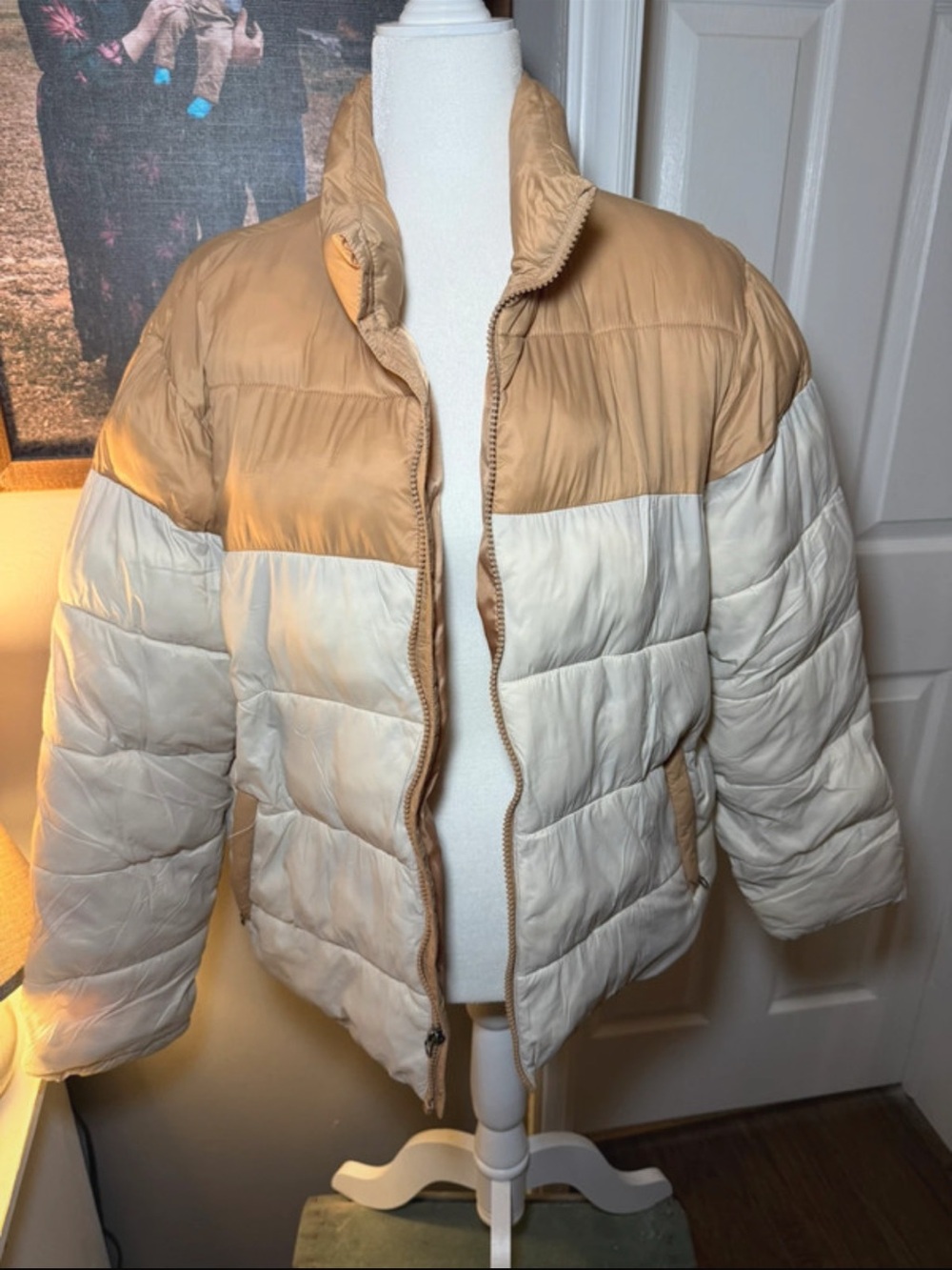 Time and Tru Two-Tone Tan and Cream Puffer Jacket